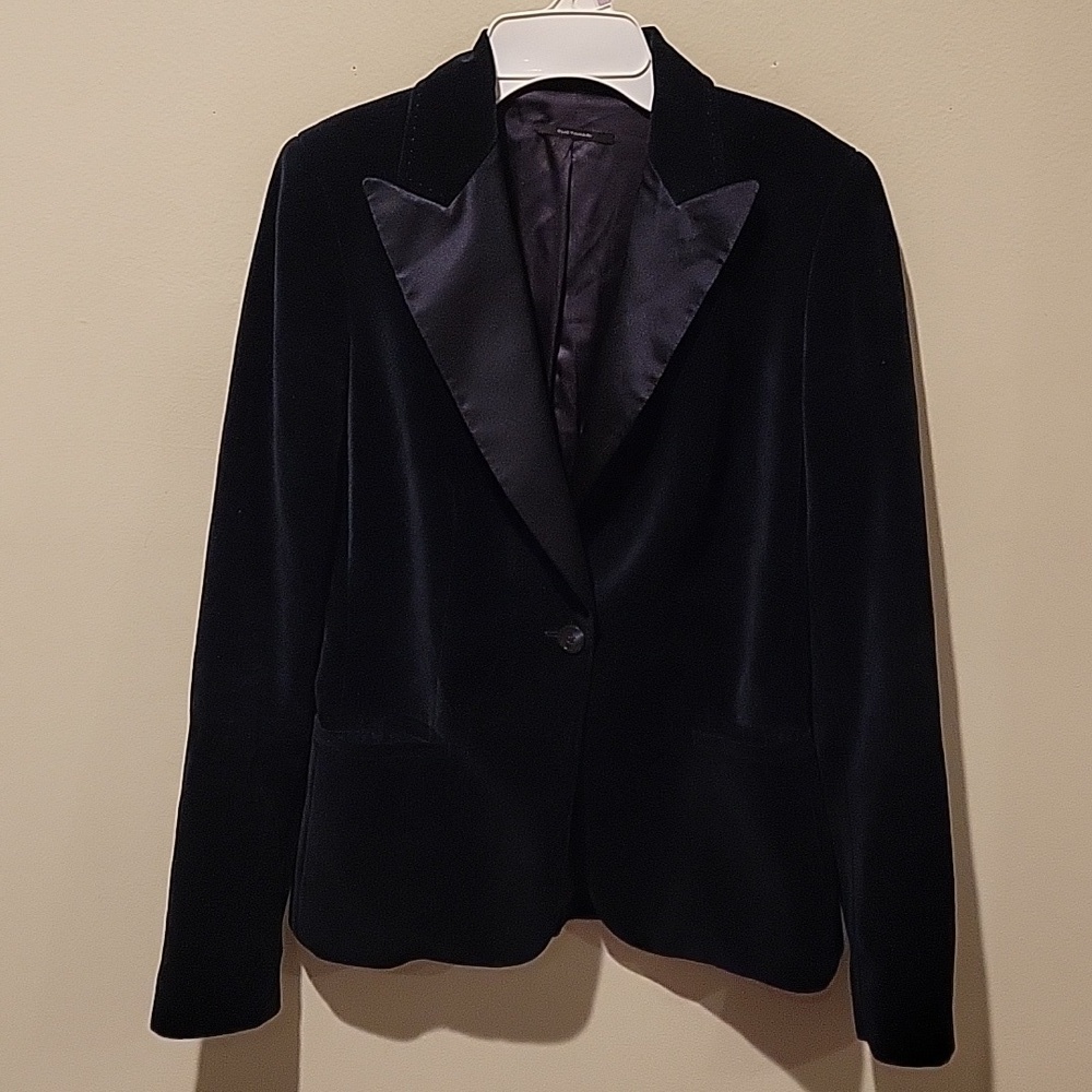 ❤️ ELIE TAHARI VELVET SATIN TRIM ONE BUTTON BLAZER JACKET IN NAVY BLUE, 2P